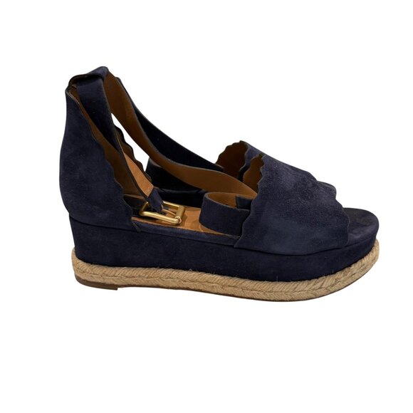 Chloé Navy Suede Scalloped Accent Espadrilles, Size 39 - Picture 2 of 10